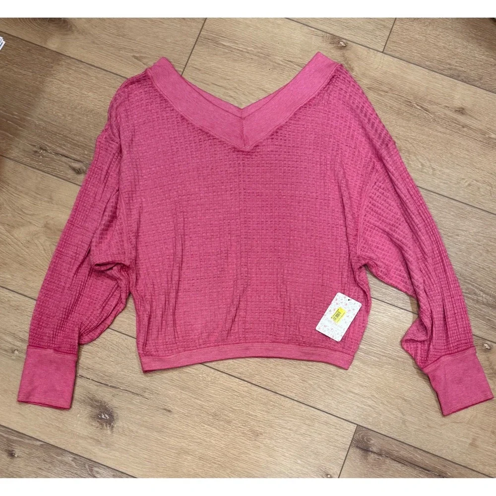 Free People We‎ The Free Pink Waffle Knit Thermal V-Neck Top Small NWT